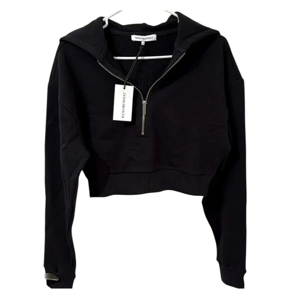 NWT WeWoreWhat Cropped Half Zip Fleece Cotton Hoodie Long Sleeve XS Black #4296 - Picture 13 of 15